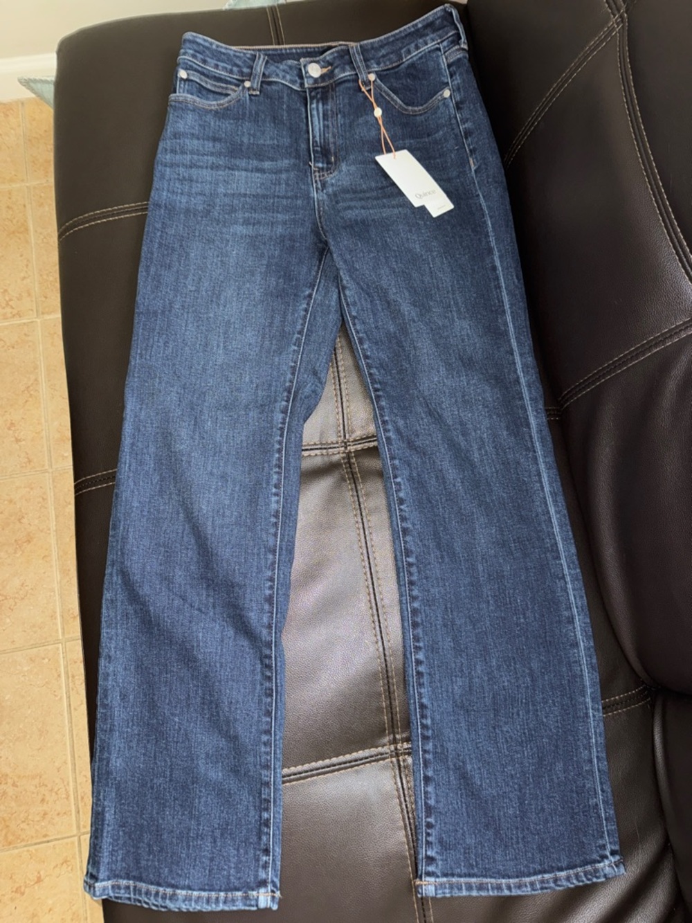NWT Quince Stretch High Rise Straight Jeans Dark Wash Size 28